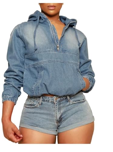 Sweat à capuche en jean femme coupe ample et col demi-zip original