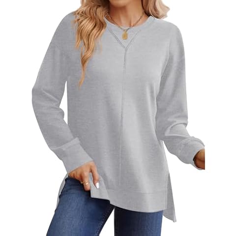 LUYAA Women Casual Oversized Crewneck Sweatshirts Fall Hoodies Long Sleeve Pullover Tops Trendy Side Split Soft Clothing (Grey M) Cover