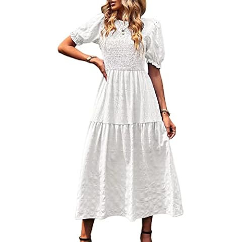 WISFRUIT Women's Summer Smocked Maxi Dress Casual Crewneck Short Puff Sleeve Tiered Boho Long Dress(White,M) Cover