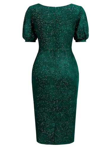 Image of Miusol Women's Retro V-Neck Elegant Glitter Wrap Ruched Puff Sleeve Cocktail Party Dress