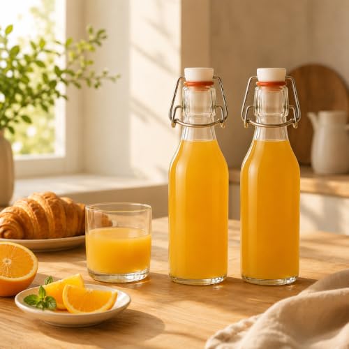 Image of Clear Glass Bottles with Airtight Swing Top Lids - Leakproof Reusable Glass Jars for Juice, Oil, Water, Milk, Kombucha, Vinegar, Beverages - Round, Pack of 2