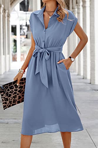 Image of ECOWISH Womens Casual Midi Dresses Solid V Neck Short Sleeve Button Shirt Belted Dress with Pockets for Spring Summer 2026