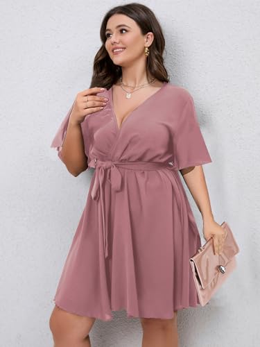 Image of SCOMCHIC Women's Plus Size Summer Dresses Short Sleeve Wrap V Neck A Line Skater Mini Short Dress XL-4XL