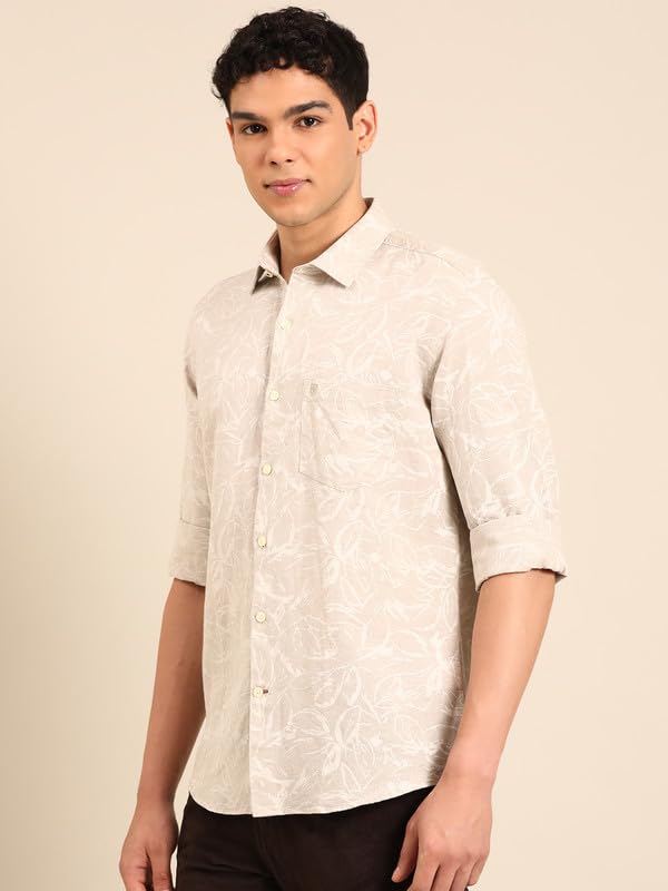 Image of Linen Club Men's Linen Rich Natural Printed Contemporary Fit Full Sleeve Casual Shirt