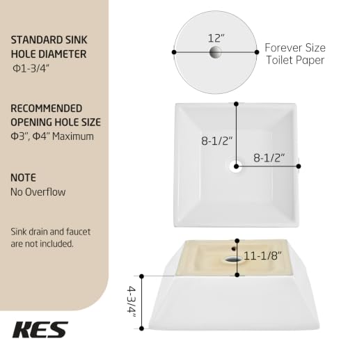 Image of KES 17 inch Square Vessel Sink for Bathroom Vanity Countertop, Glossy White Ceramic Porcelain Bathroom Sink Bowl Above Counter, Modern Look, BVS141