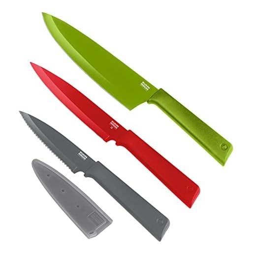 KUHN RIKON COLORI+ Mixed Knife Set with Non-Stick Coating and Safety Sheaths, Set of 3, Green, Red and Graphite Grey