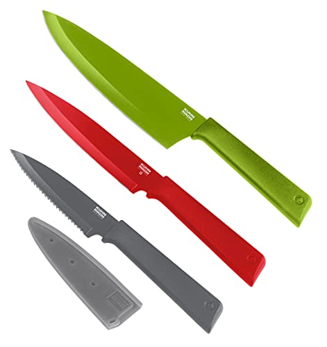 Kuhn Rikon COLORI+ Mixed Knife Set with Non-Stick Coating and Safety Sheaths, Set of 3, Green, Red and Graphite Grey