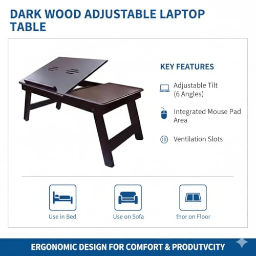 Image of VASIL MART A Versatile Laptop Table or lapdesk with a Spacious Working Area for Home That is Made of Solid Mango Wood and is Adjustable Foldable, with Phone and Tablet Holder (Dark- Brown)