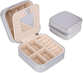 Mini Portable Jewelry Box Organiser, Travel Jewellery Case, Leather Double Layer Jewelry Box with Mirror, Rings Earrings Necklace Bracelets Jewelry Gift Box Girls Women (Silver)
