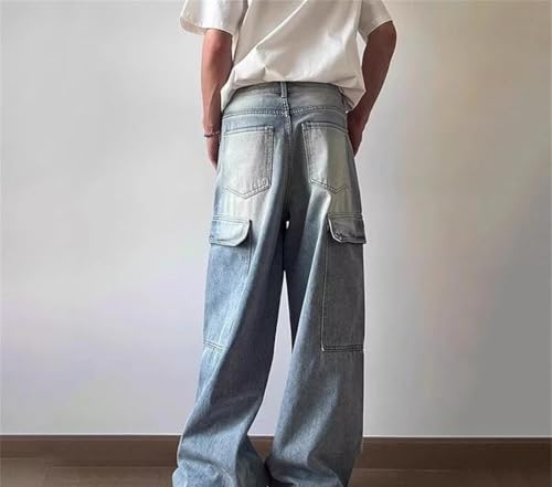 Men Multi Pocket Cargo Denim Pants Wide Leg Straight Fit Hip Hop Style Streetwear Baggy Trousers3