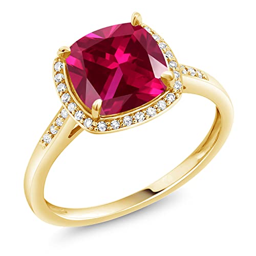 Gem Stone King 2-3 Cttw 10K Yellow Gold Gemstone Birthstone and White Diamonds Halo Engagement Ring for Women | Cushion 8MM | Wedding Anniversary Promise Ring | Created Ruby-July | 8