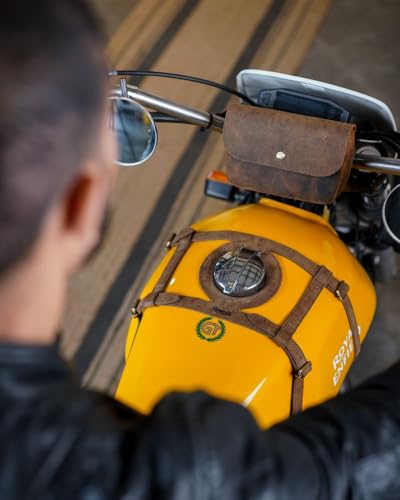 Image of Trip Machine Company Genuine Leather Motorcycle Front Handlebar Leather Bag | Moto Backrail Sidekick Pouch | Shoulder Bag | Fanny Pack (Mocha)