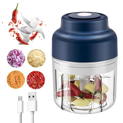 Electric Garlic Chopper, Mini Vegetable Chopper Electric 320ml Wireless USB Charging Small Blender Garlic Mincer with 6 Blades, Mini Food Processors for Onions Ginger Herbs Fruits Meat Nuts-Blue