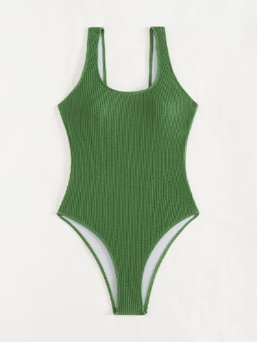 Image of Limeeke Women One Piece Swimsuit Solid Ribbed Monokini Swimwear Scoop Neck Low Back Bathing Suit