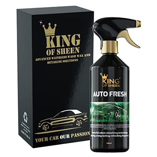 Ambientador para coches King of Sheen Auto Fresh y eliminador de olores para coches, tecnología de absorción potente de olores que deja una fragancia refrescante, duradera. Presentación de 500 ml