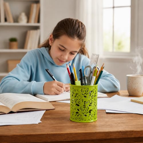 Image of Metal Mesh Pen Stand for Office & Home Desk | Black Stationery Holder Organizer for Pens, Pencils, Markers, Makeup Brushes | Durable Round Wire Mesh Pen Stand (Pack of 1) (Floral Green)