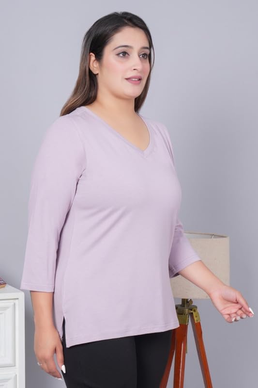 Image of Mlada V-Neck Cotton 3 /4th Sleeves Tshirt for Women | Stretchable Regualr Fit Solid Cotton Tshirts | Casual 3 /4th Sleeves Tshirts for Women Office Wear | Solid Round Neck Tshirt