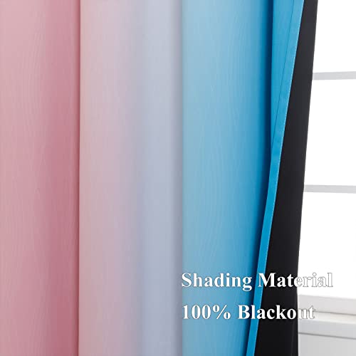 Estelar Textiler Pink and Blue Curtains 63 Inch Length 2 Panels, Ombre Total Blackout Curtains for Bedroom, Grommet Thermal Insulated Gradient Blackout Drapes for Kids Room, 52x63 Inch