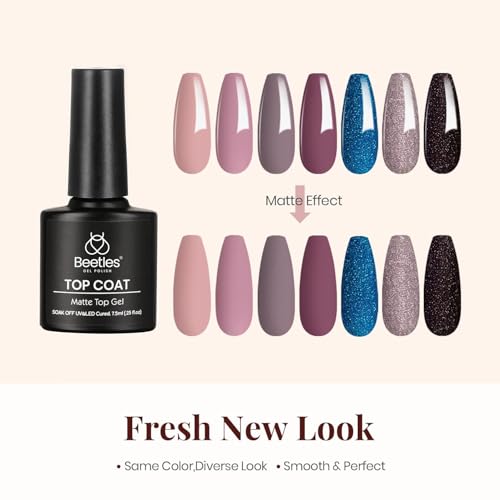 Beetles Gel Top Coat Base Coat Set, 3Pcs No Wipe Base Matte & Shiny Top Coat Gel Nail Polish, Long Lasting High Gloss and Matte Effects Soak off Uv Led DIY for Women