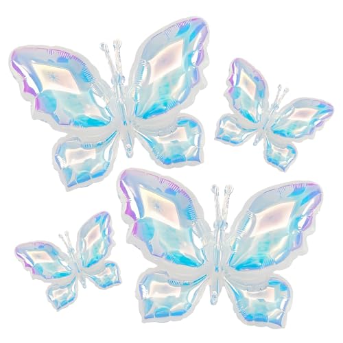 4Pcs Iridescent Foil Balloons, Iridescent Butterfly Foil Balloons, Rainbow Butterfly Holographic Clear Balloon for Birthday Baby Shower Mermaid Rainbow Wedding Party Decorations