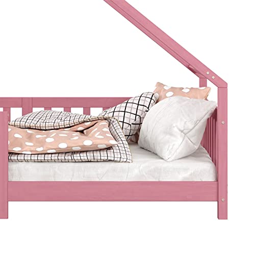 Cama Montessoriana Madeira Maciça Casa com Estrado Cora (Rosa)