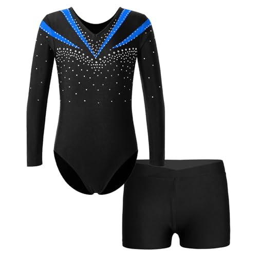 Linjinx Kids Girls Rhinestone Ice Skating Dance Outfits Long Sleeve Gymnastics Leotards with Shorts Sets 2 Piece Tracksuit4