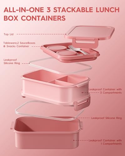 Image of KEMETHY Stainless Steel Lunch Box, 3 Compartment, Insulated, Airtight, Leak Proof, BPA Free (Pink)