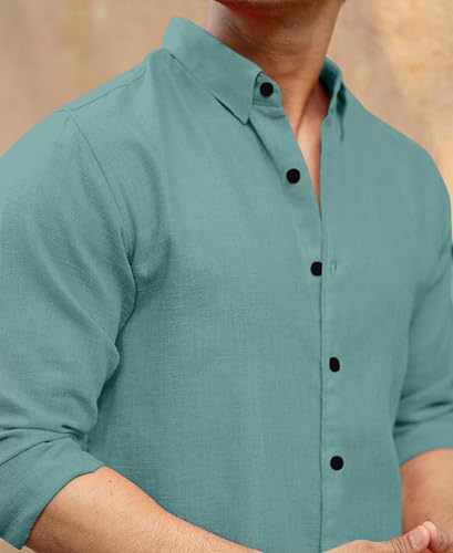 Image of Men's Cotton Casual Shirt, Long Sleeve Button Down, Mandarin Collar, Mustard Yellow, Brown, Rust Colours