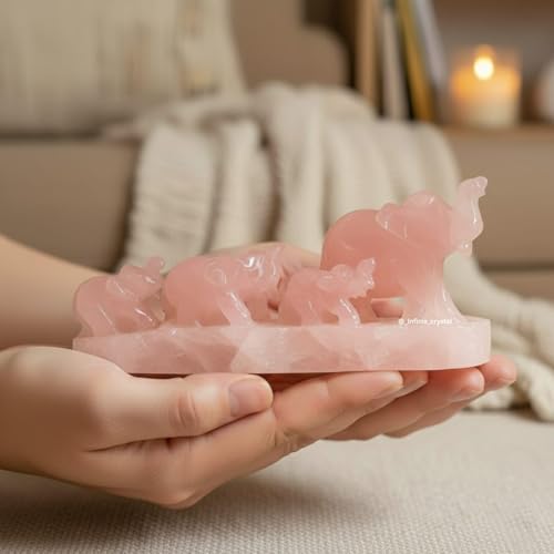 Image of Rose Quartz Elephant Family Figurine | 1000 g Natural Rose Quartz Showpiece | Feng Shui Symbol of Love, Strength & Harmony | Collectible, Luxurious Decor for Home & Office