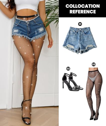 Image of JAFINSY Sparkle Rhinestone Fishnet Tights for Women - Sexy High Waist Mesh Stockings for Valentines Rave Party, Black /Natural /White /Coffee