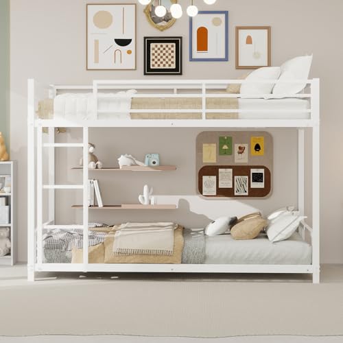 QSOST Lit Superposé 90x190, Lit Superposé Enfant en Métal Robust avec Échelle et Barrière de Sécurité, Pas Besoin de Sommier, Faible Bruit, pour Adulte/Enfant (Blanc)