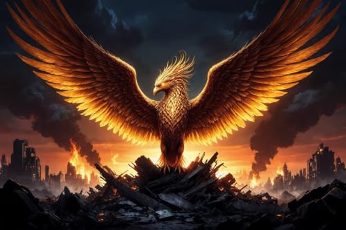Phoenix of Rebirth Diamond Painting Kit, 5D Full Drill Majestic Fiery Phoenix Over Burning Ruins at Sunset Diamond Art, Powerful Fantasy Gem Art for Wall Decor 16x20 Inch