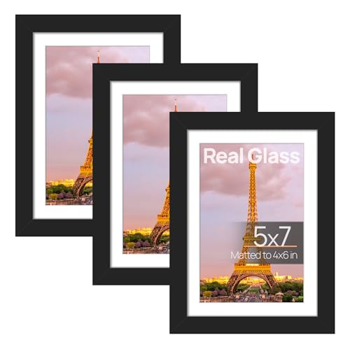 Image of upsimples 5x7 Picture Frame, Gallery Glass Photo Frames Set of 3, Black | Fit 4x6 with Mat and 5 x 7 Photos, Gift for Mother's Day, Christmas, Wall Decor and Table Display for Living Room, Hallway
