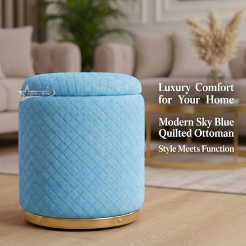 Image of Premium Round Storage Ottoman Stool 13 X 13X 16 inch, with Gold Metal Base | Luxury Pouffe with Hidden Storage | Cushioned Footrest for Living Room, Bedroom & Lounge Sky Blue