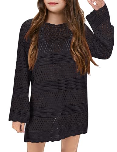Girls Crochet Swimsuit Cover Up Kids Long Sleeve Hollow Out Swimwear Bikini Beach Dress