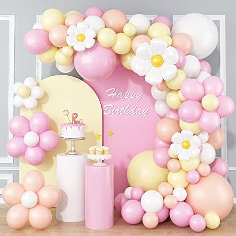 Daisy Flower Balloon Arch, 137 Pcs Flower Balloons Garland Kit, Groovy Boho Macaron Pink Yellow White Orange Birthday Party Balloons for Girls Bridal Baby Shower Wedding Carnival Party Decorations Cover