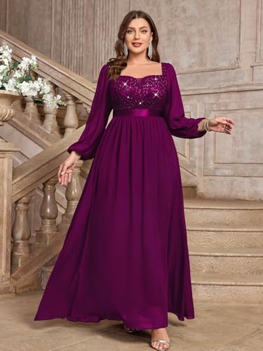 Image of MISSMAY Women's Plus Size Sequin Lace Square V Neck Sheer Long Sleeves Formal Evening Chiffon Long Dress