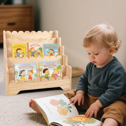 5 Tier Small Wooden Scalloped Shelf for Toddler 1-5 Years, Kids Bookshelf Children Montessori Bookshelf, Durable Baby Toddler Bookcase for Nursery Playroom, 16.9*11.4*15.7