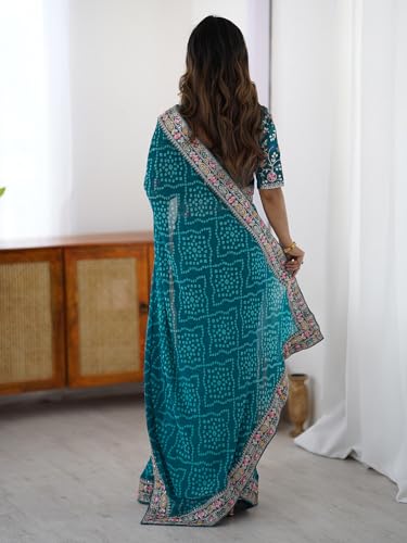 Image of Satrani Women's Georgette Bandhani Printed Sequin Embroidery Saree with Unstitched Blouse Piece