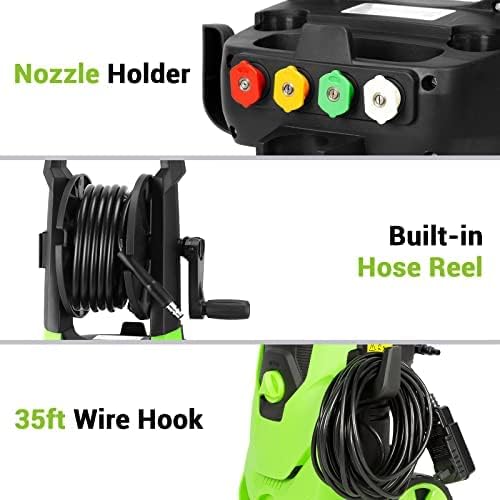 Nozzle holder, built-in hose reel, and 35ft wire hook on the pressure washer