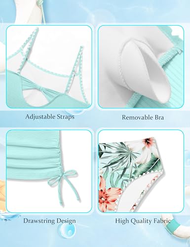 Image of Girls Tankini Swimsuit 2 Piece Set Unique Edge Girl Bathing Suit with Drawstring + Swim Briefs Swimwear Set for 9-16Y