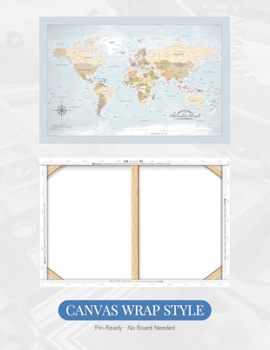 Image of IPIC - Canvas World Maps for Wall Decor, Push Pin Board Decor to Mark Travels, Oversize World Travel Map Print for Home, Office, Study, and RV, Ready to Hang