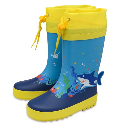 NorthSole Kids Wellies Drawstring Closure Rubber Wellington Boots - Shark - UK 7