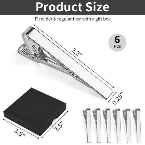 Image of MOWPOG 6 Pcs Tie Clips for Men, Tie Bar Pins Tacks with Gift Box | Copper, Shiny & Glossy, for Father, Husband, Boyfriend, Business, Wedding, Suit Accessories, Easy to Open, Won't Fade /Scratch