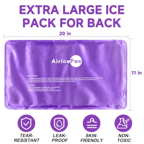 Image of AiricePac Extra Large Gel Flexible Back Ice Packs for Injuries Reusable, 11 inchx 20 inch Cold Compress Therapy Wrap for Knee Leg Neck Shoulder Hip Back Pain Relief, Swelling, Bruises, Surgery, Purple