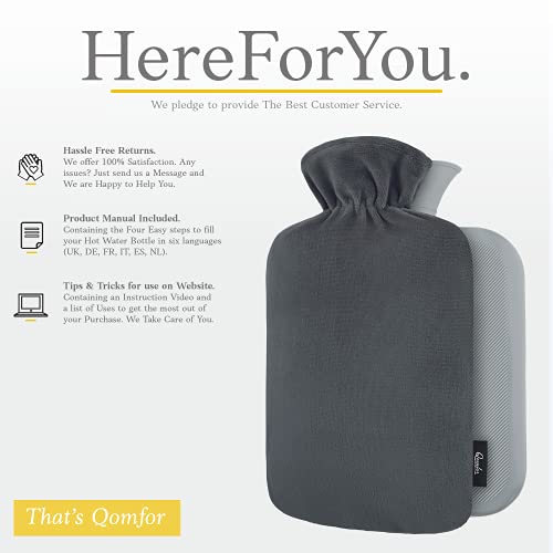 Qomfor Hot Water Bottle With Soft Fleece Cover - 1.8L Large - Classic Premium Hot Water Bag For Pain Relief, Cramps, Cozy Nights - Feet And Bed Warmer - Water Heating Pad - Great Gift - Dark Grey #TOP5