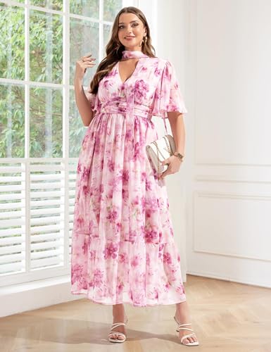 Women's 2025 Floral Summer Dress Smocked V Neck Boho Plus Size Beach Party Wedding Guest Ruffle Long Dresses4
