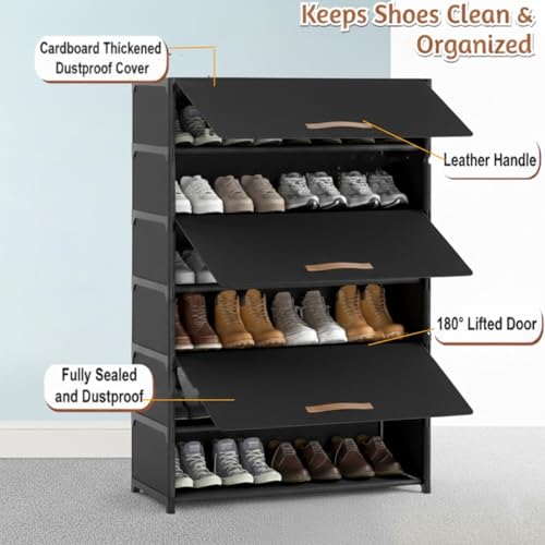 Image of Shoe Storage Organizer Stackable Shoe Box with Door Universal Size Shoe Organizer Multi Purpose Space-Saving Shoe Box for Men and Women (3 Rack) (Black, 6 Layer)