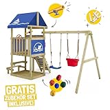 Wickey Spielturm DinkyHouse mit Picknicktisch - Blaue Rutsche & Plane - Kinder Kletterturm für den Garten aus Massivholz - 334x317x247 cm - 2