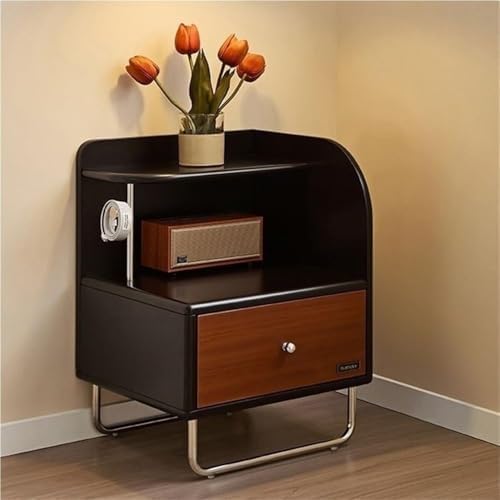 Mid-Century Modern Nightstand with Drawer & Open Shelves - Versatile Side Table for Bedroom or Living Room, Solid Black Construction, Left/Right Configurations, Retro Design